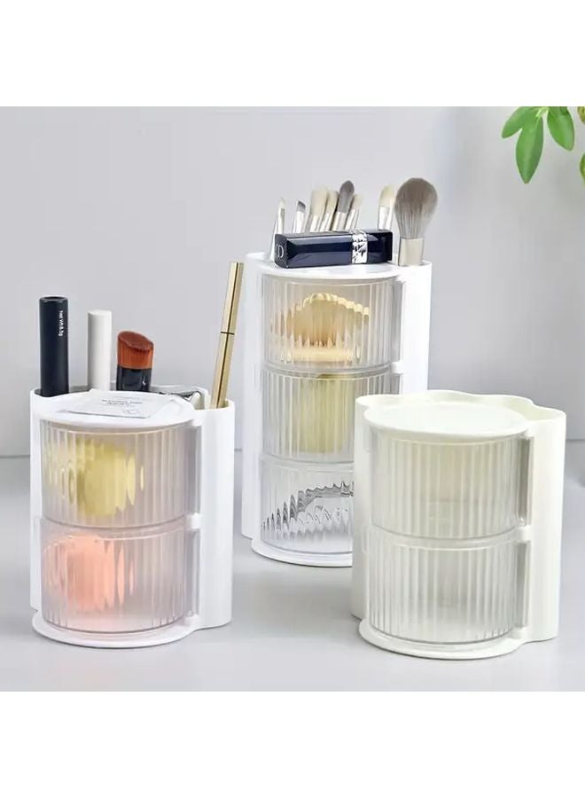 Beige Yellow 2 Tier Rotating Makeup Jewelry Organizer Desktop Storage For Cosmetics Brushes Stationery - Image 1